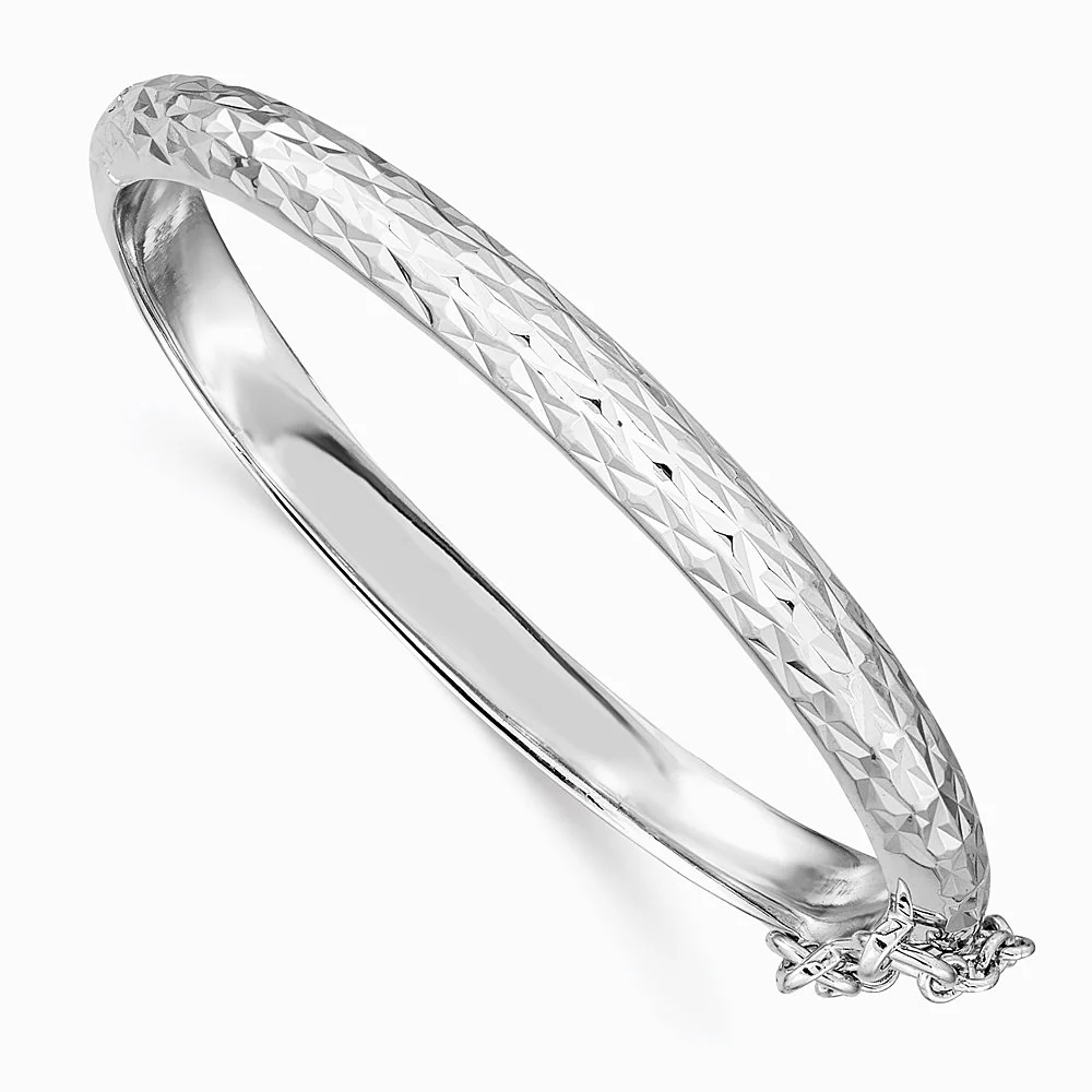 Sterling Silver RH-Plated Pol. & D/C 4.5mm W/ Safety Hinged Children’s Bangle