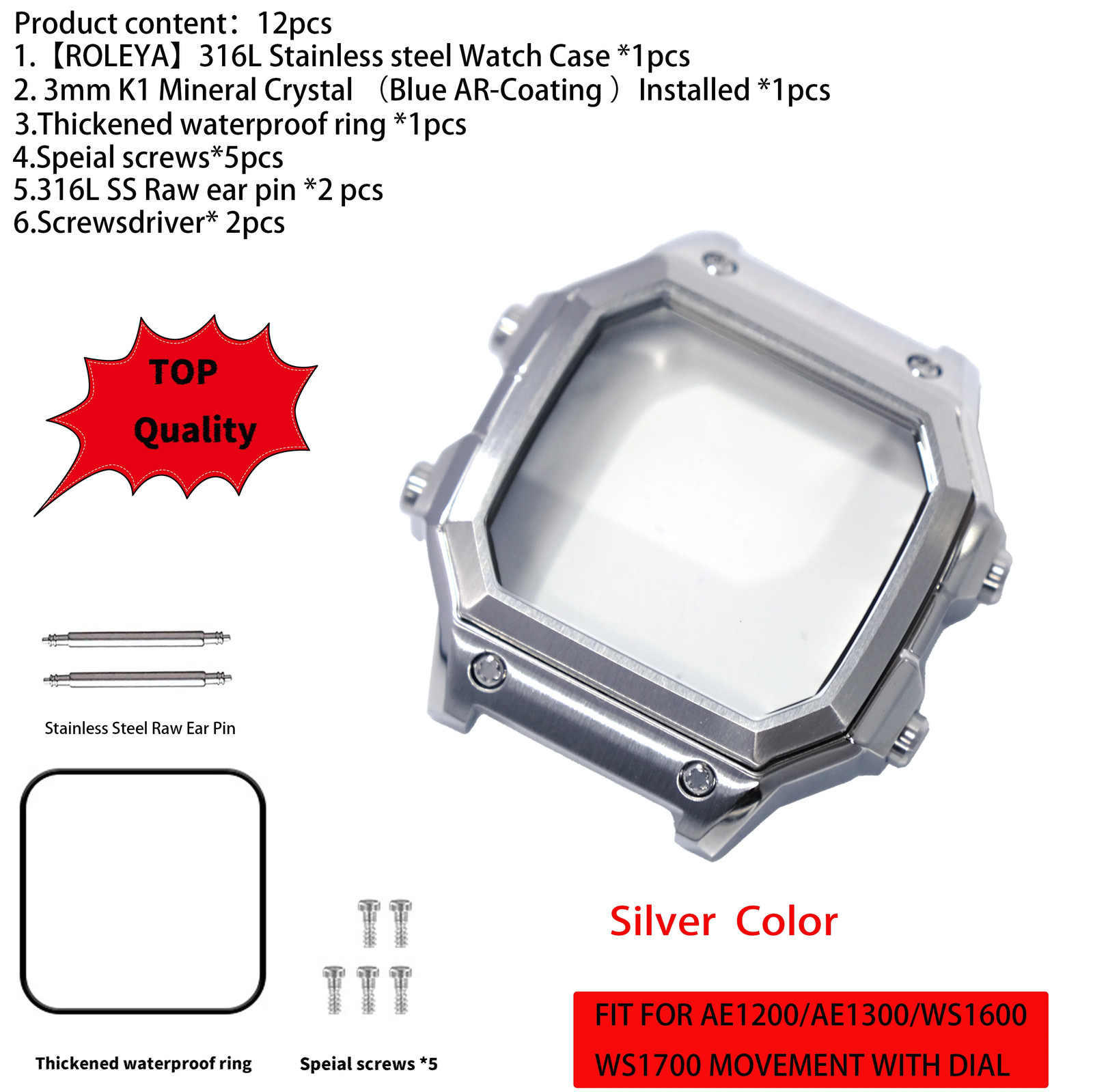 Suitable For Casio AE1200 Watch Case Mod Kit 316L Stainless Steel Glass 10ATM