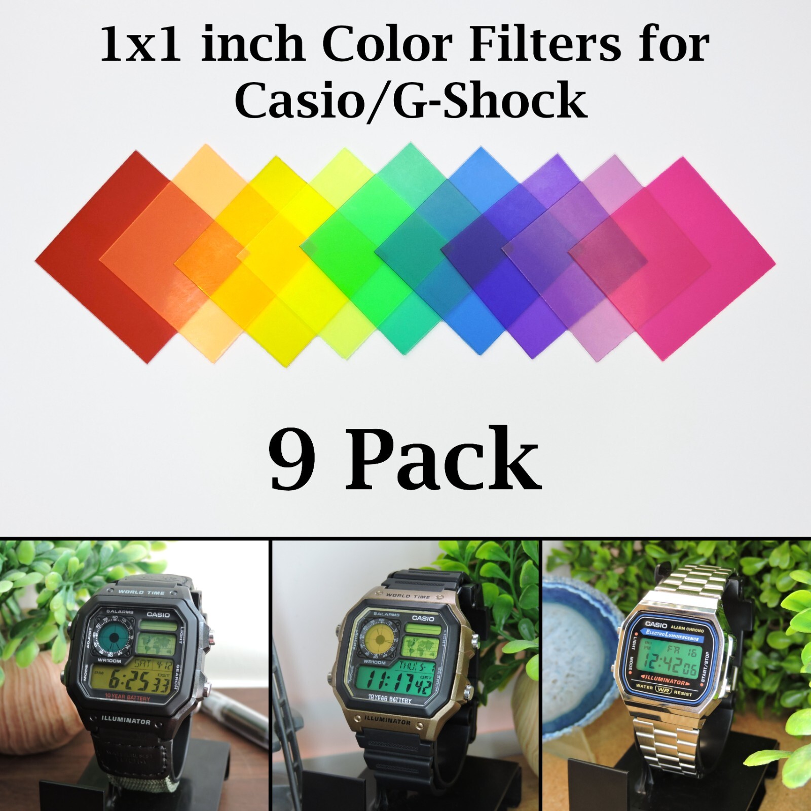 1 x 1 inch Color Filters for Casio/G-Shock watches – 9 colors – pack of 9