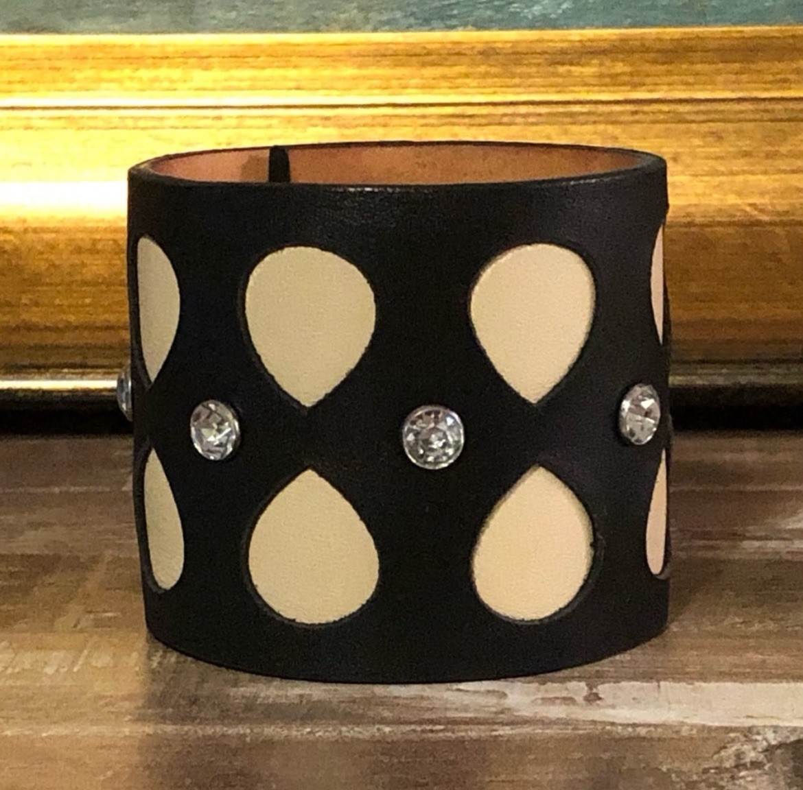 Artisan Custom Made Leather Cuff Bracelet Rhinestones Teardrops One-of-a-kind