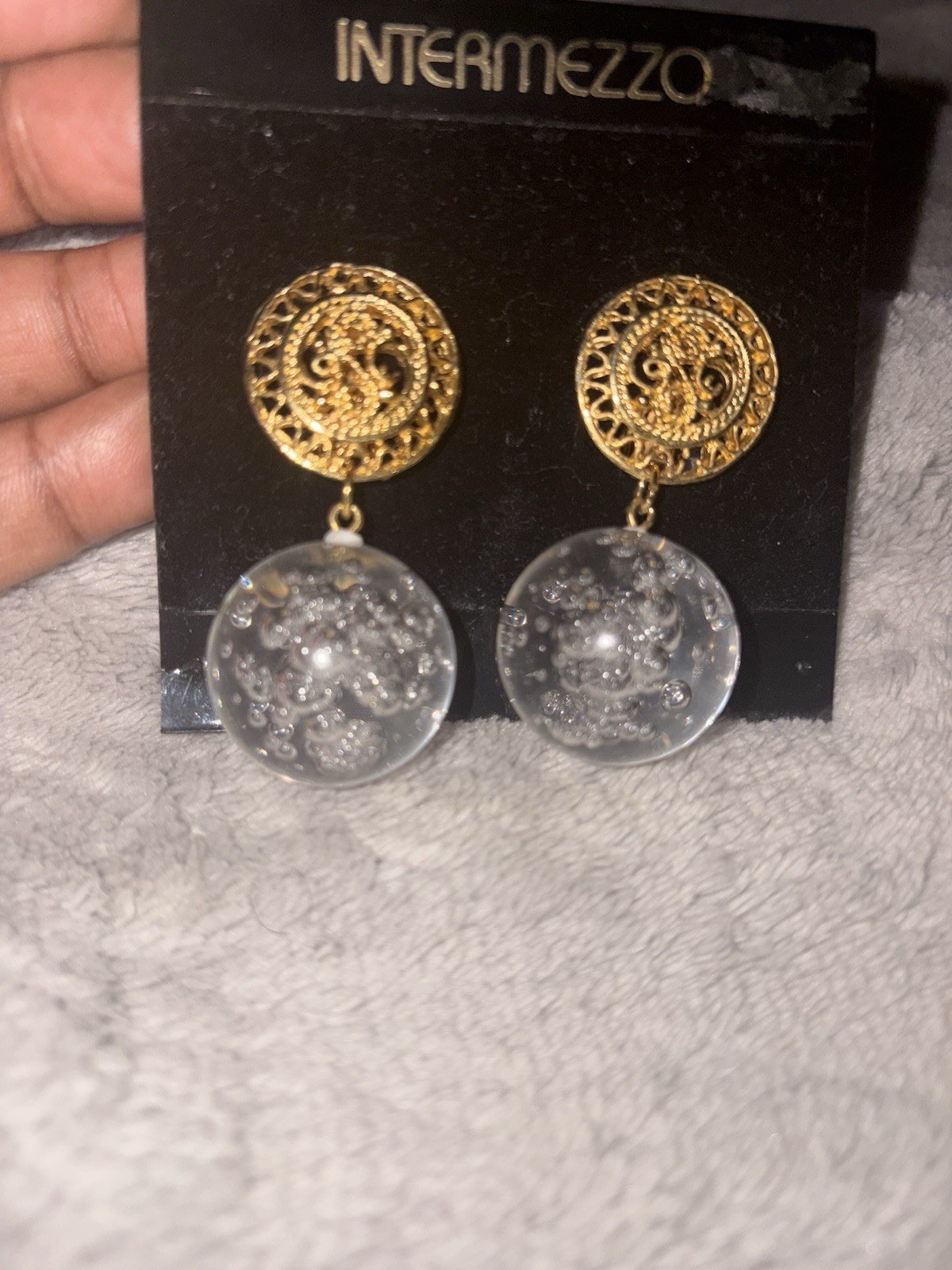 Intermezzo Gold Tone Filigree Round Disc Clear Bubble Dangle Earrings vintage