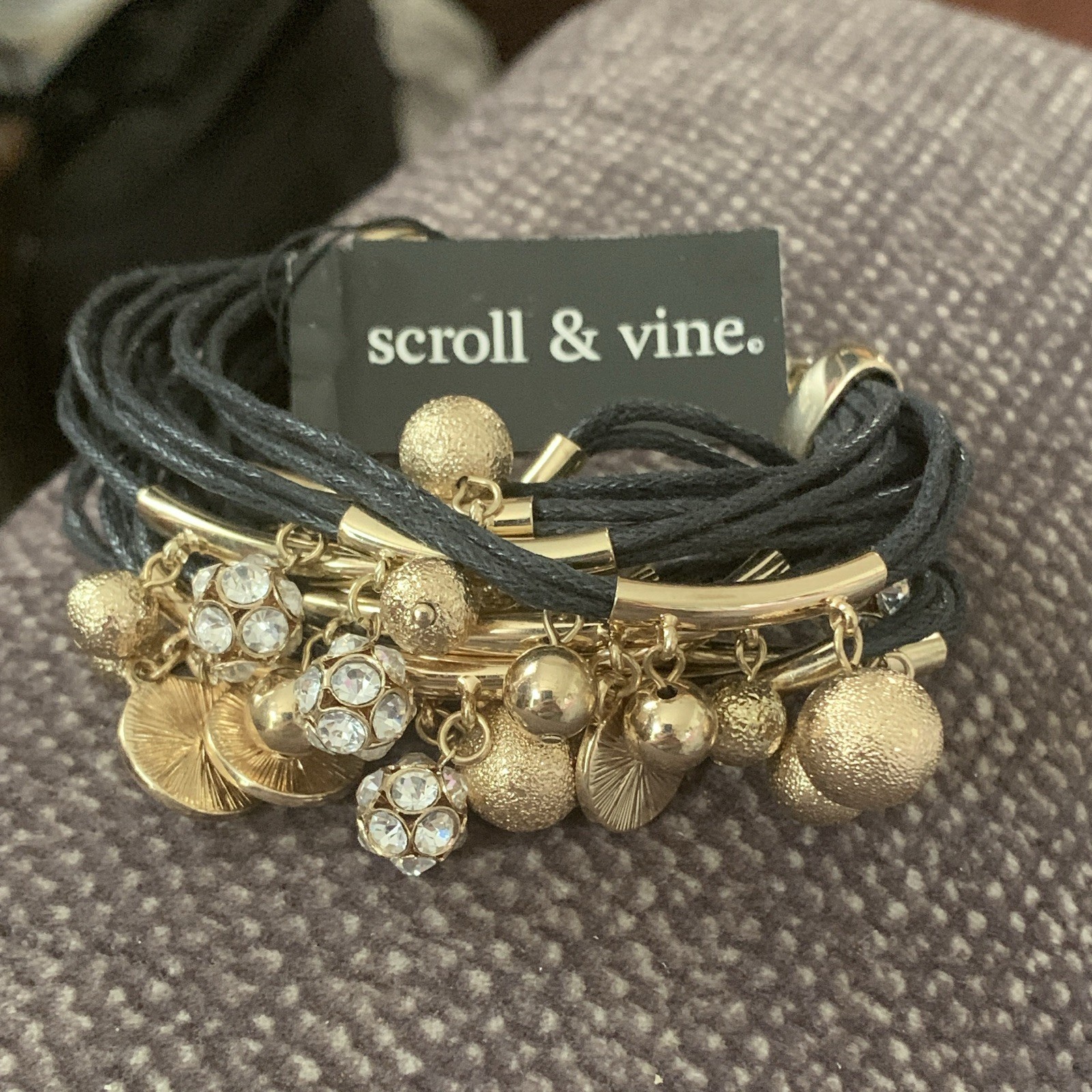 scroll & vine Signed Gold Tone Black Cord Multi-Row Charm Bracelet w/ Crystals