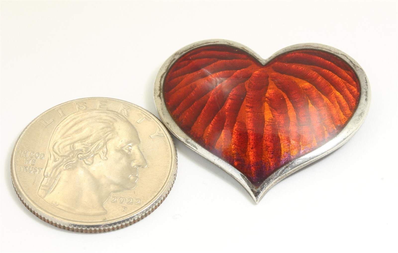 Artisan Signed Kristin Sterling Silver 2003 Red Enamel Heart Brooch Pin 7.9g
