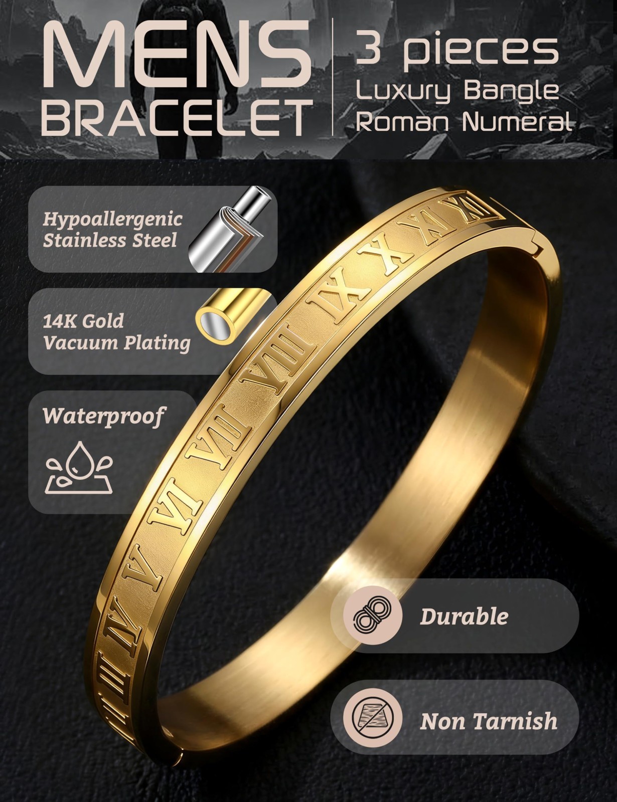 3Pcs Men’s Stainless Steel Adjustable Bracelets – Roman Numeral & Twisted Cable