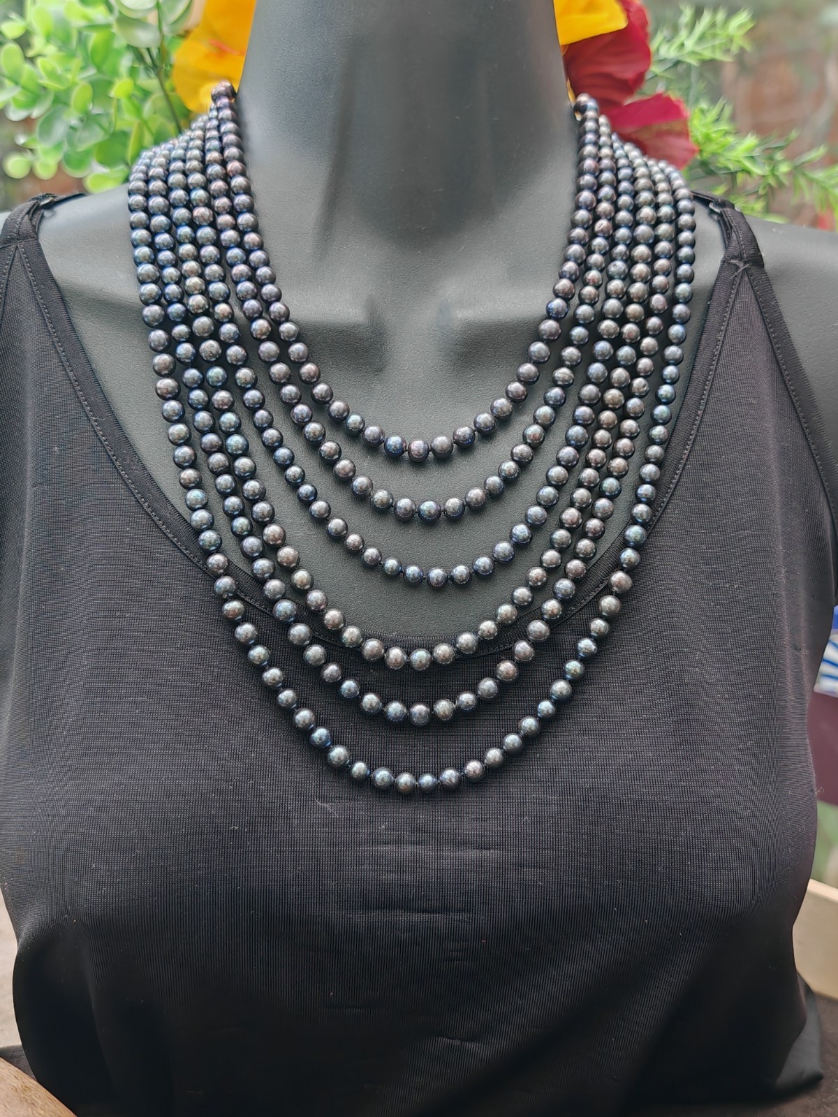 5 strand purple black peacock Tahitian style cultured pearl 925 necklace silk ba