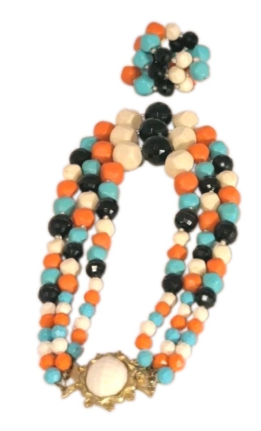 Vintage Multi-Color MCM 3 Strand Beaded Necklace & Single Strand Wrap Bracelet
