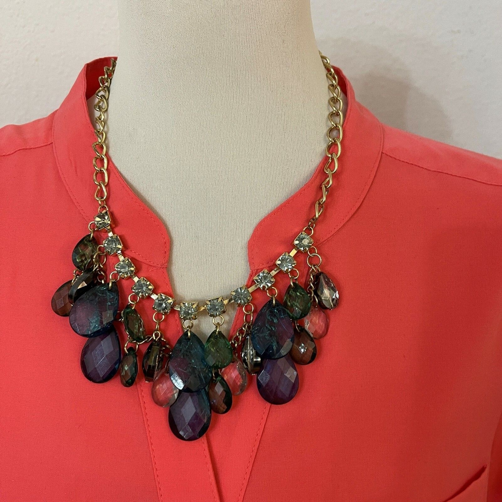 Blue Green Gold-tone Chain Statement Fashion Jewelry Necklace NWOT