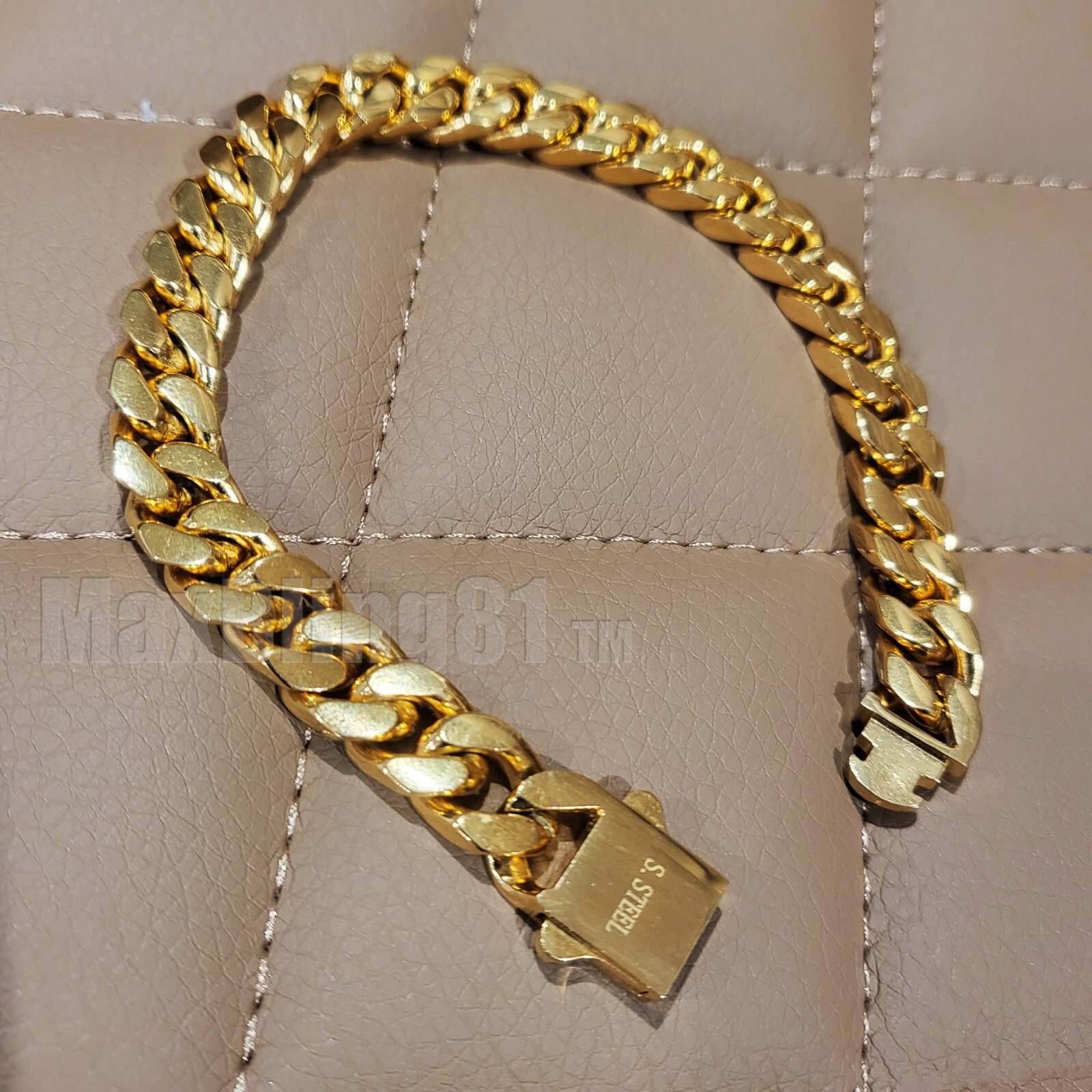HIP HOP 24K GOLD PLATED STAINLESS STEEL 8mm 10mm 8.5″ CUBAN BOX LOCK BRACELET