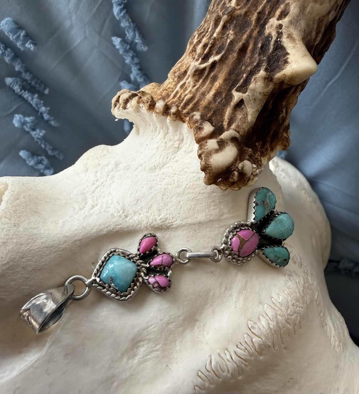Sterling Silver Native Style SW White Water Turq & Kingman Cotton Candy Pendant