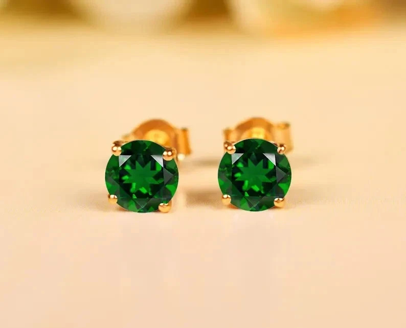 2Ct Round Cut Natural Emerald Diamond 14K Yellow Gold Luxurious Earring Stud