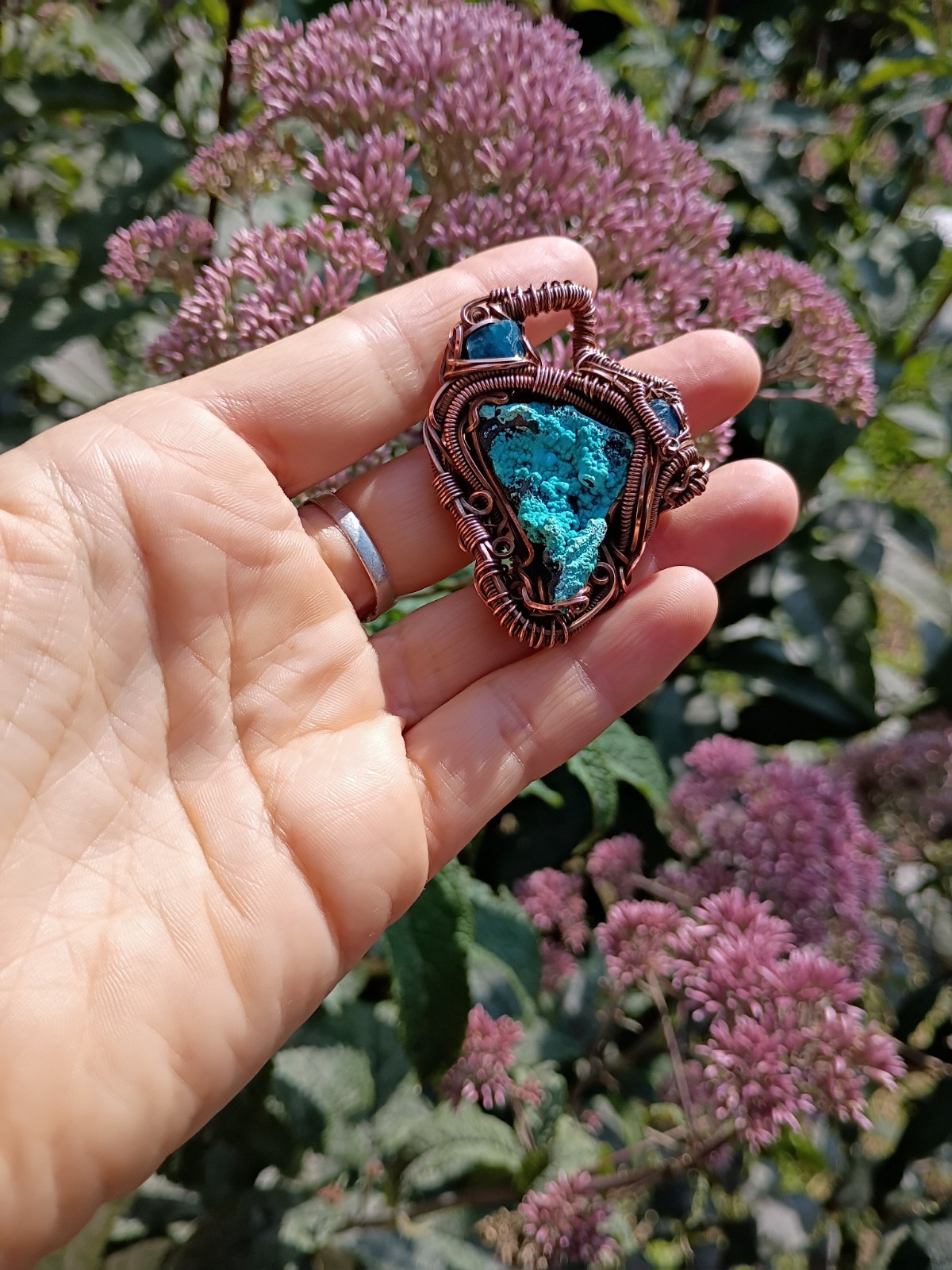 Handcrafted Wire Wrapped Natural Chrysocolla Apatite Copper Amulet Pendant