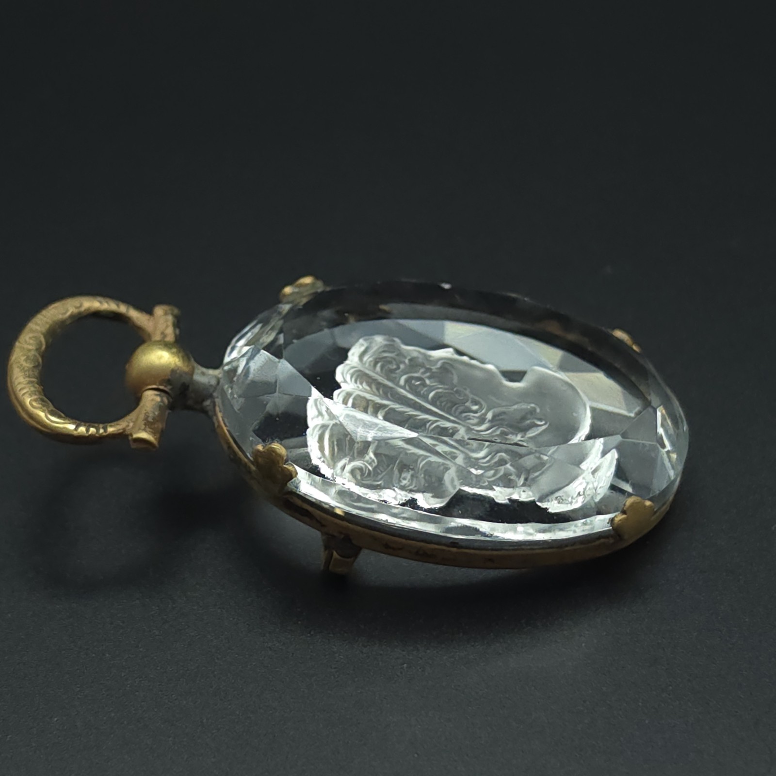 Antique Victorian Reverse Carved Crystal Intaglio Cameo Brooch Pendant Classical