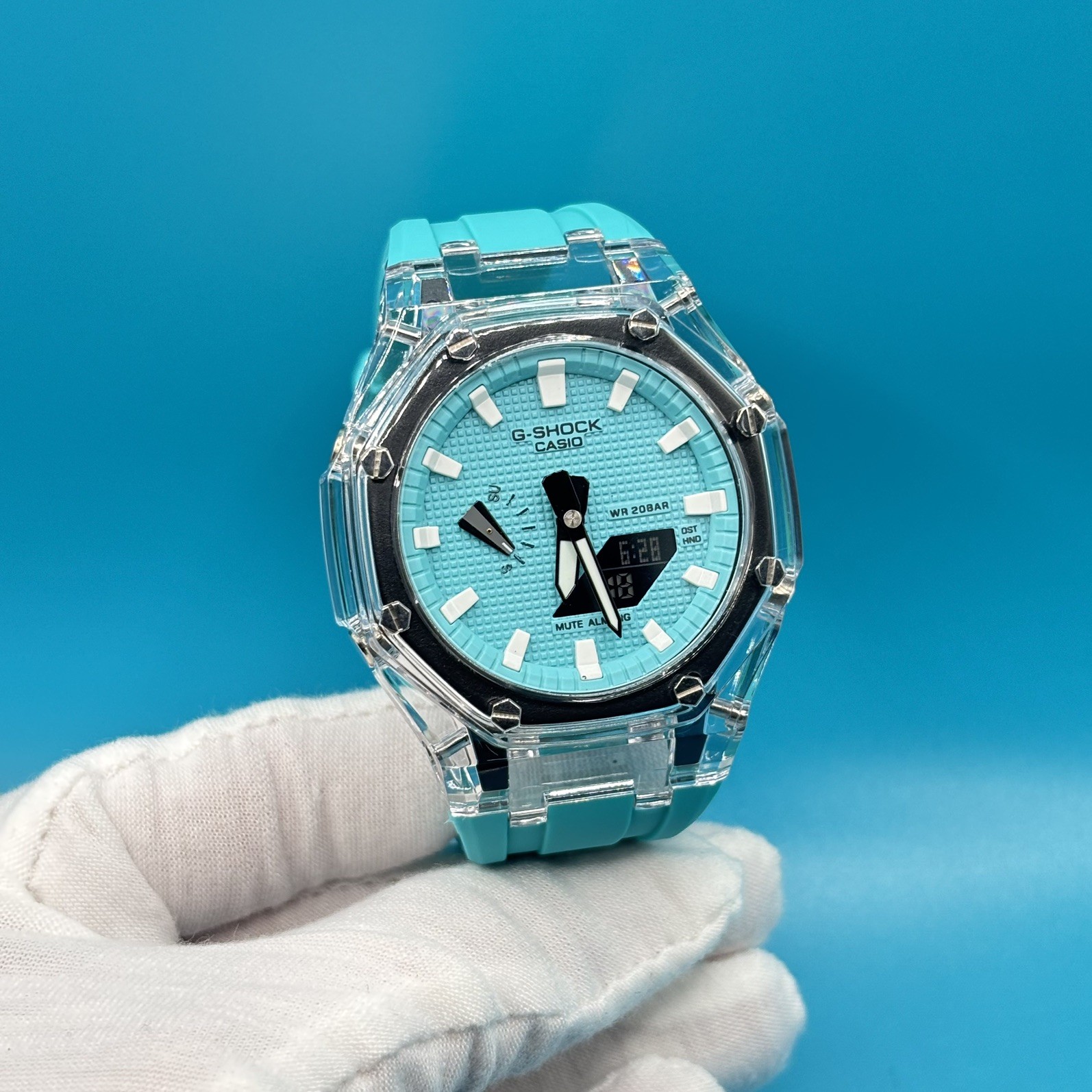 Custom GA-2100 Octagonal Watch Clear Case Sky Blue Dial Casio G-SHOCK Pool Blue