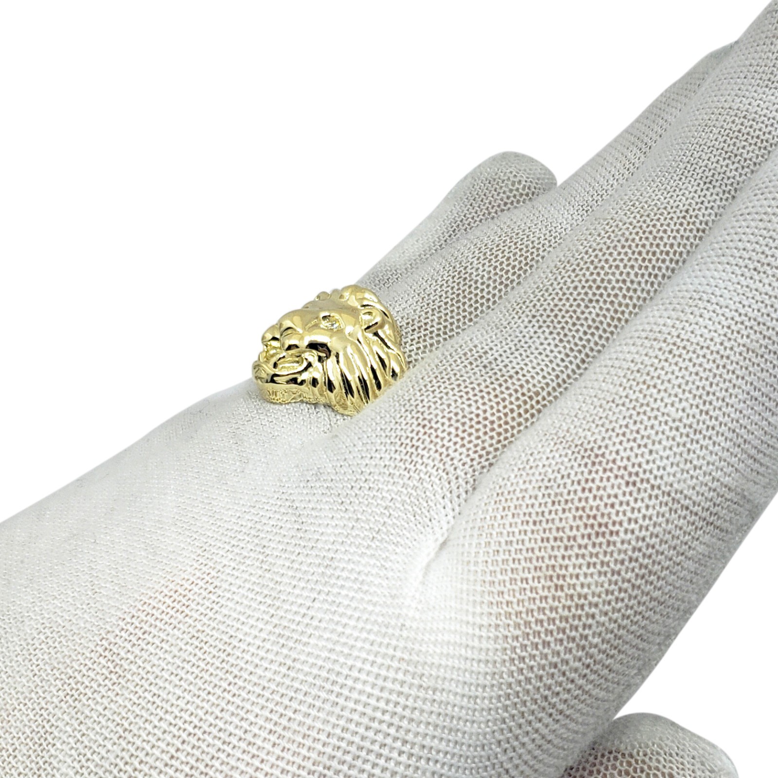 Solid 14K Yellow Gold Mens Lion Ring with Diamond Eyes Size 5 – 15