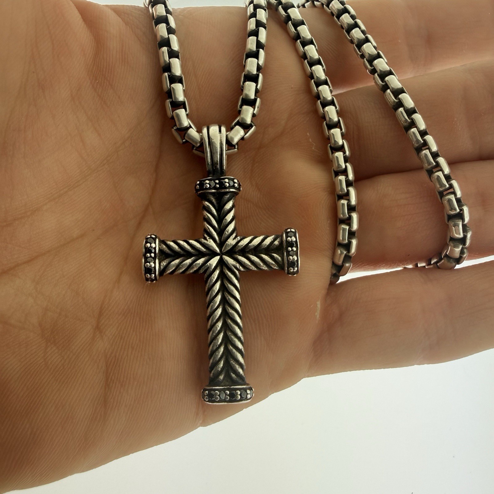 David Yurman Sterling Silver 925 Box Chain & Chevron Cross Pendant Black Diamond