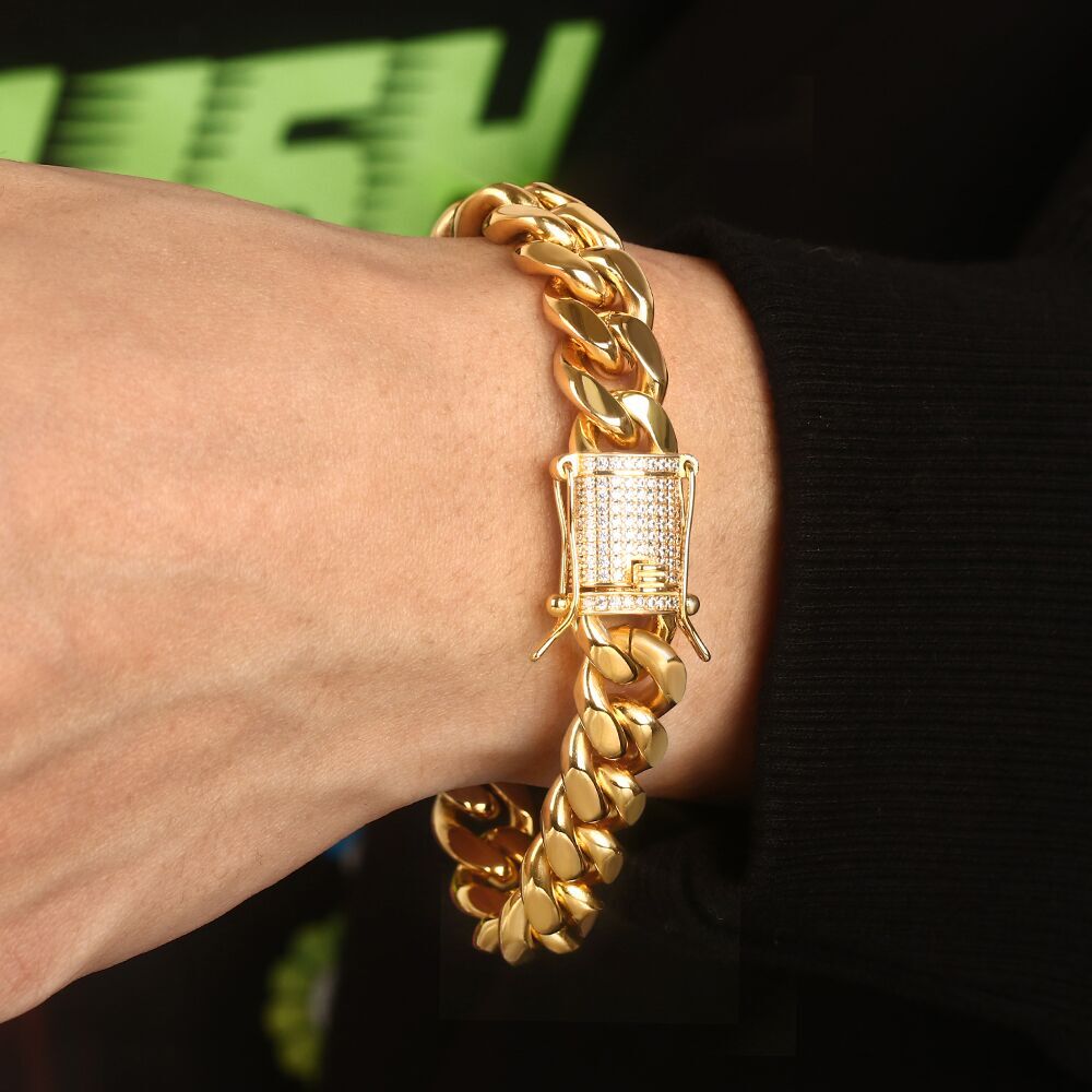 Miami Cuban Link Chain Bracelet Set For Men Solid 316L Stainless Steel 18K Gold