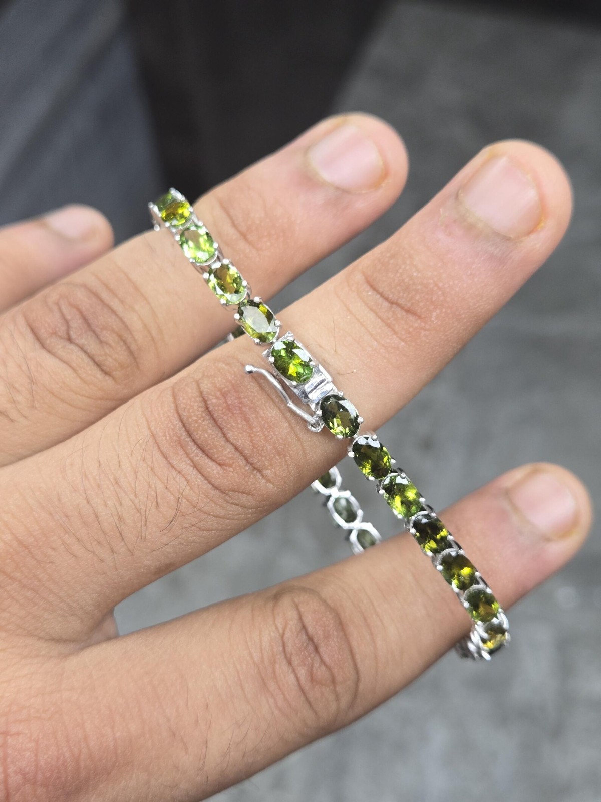 14CT Lab Created Oval Cut Peridot Tennis Bracelet 14K White Gold Plated 7.5 In