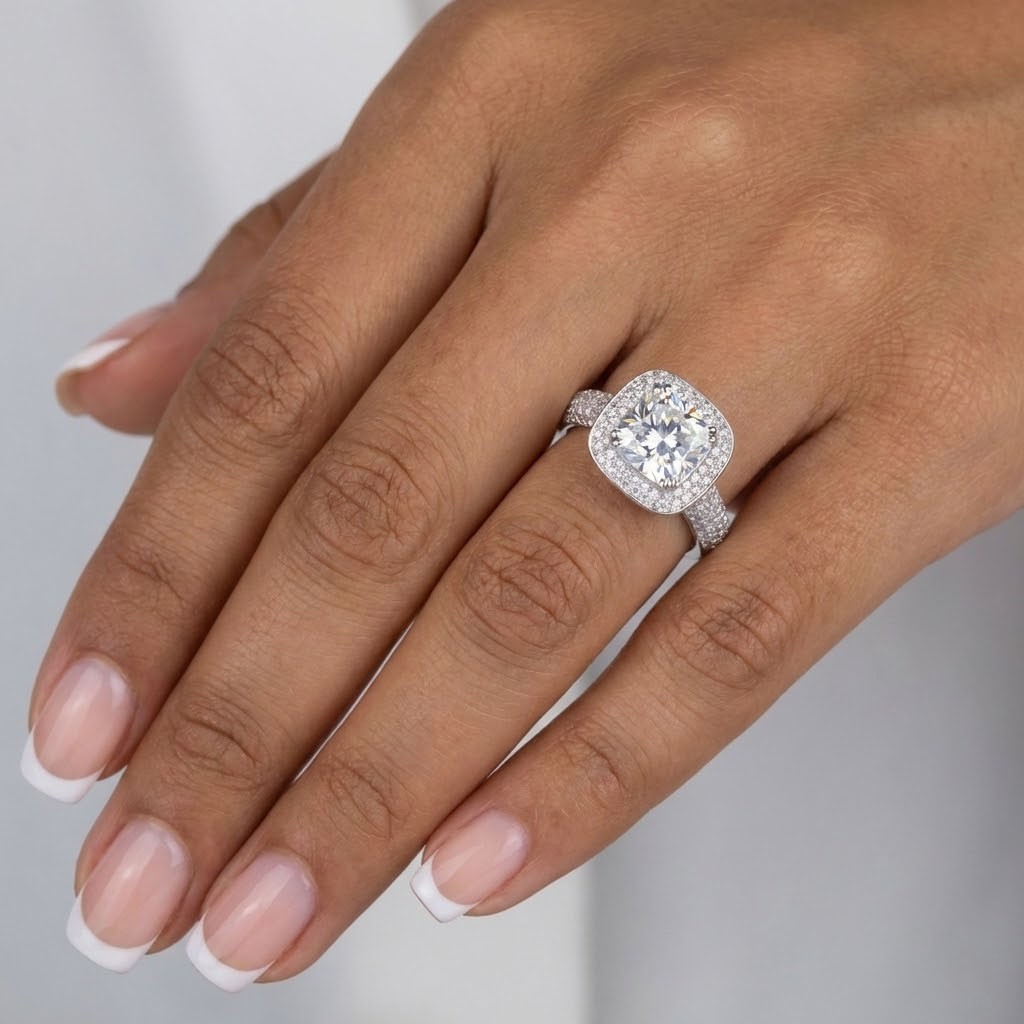 Side Stone Engagement Ring 14K Gold Halo Radiant 3 Carat Lab-Grown Diamond D VS2
