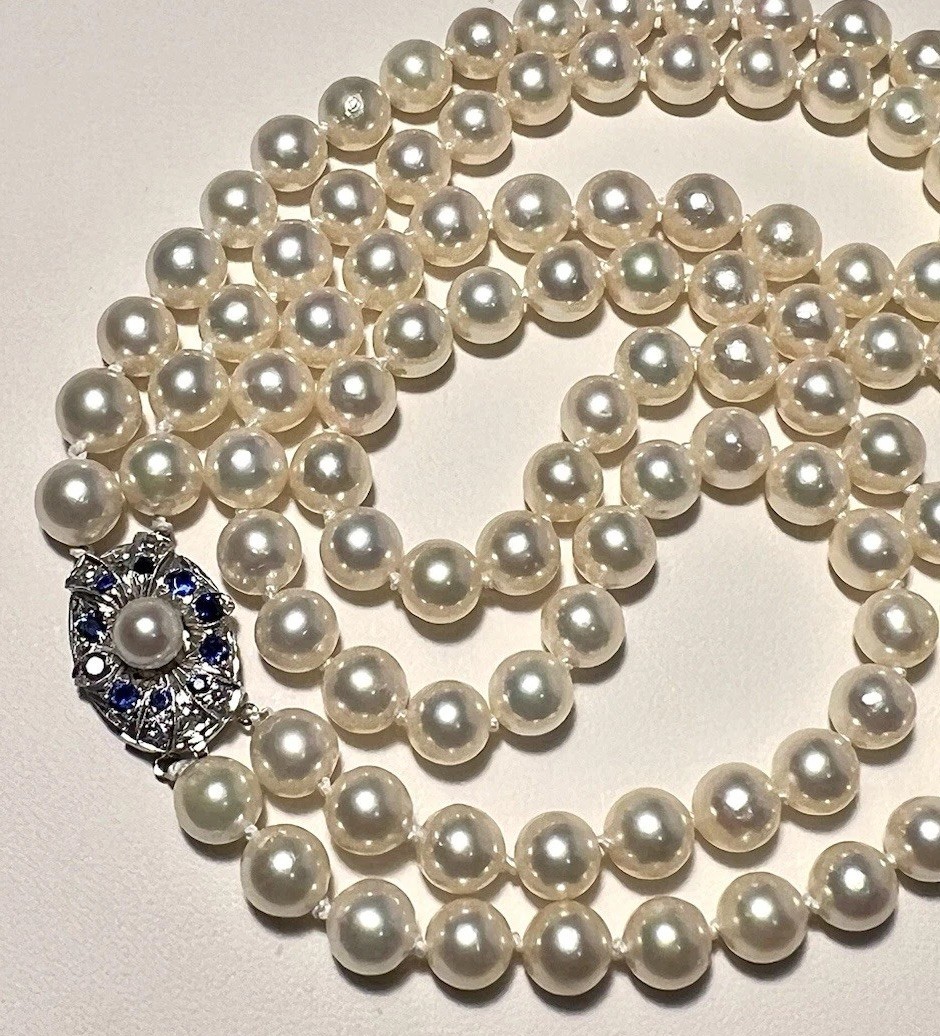 Art Deco 2-Strand Akoya Saltwater Pearl & Sapphire Diamond Choker Necklace 7mm