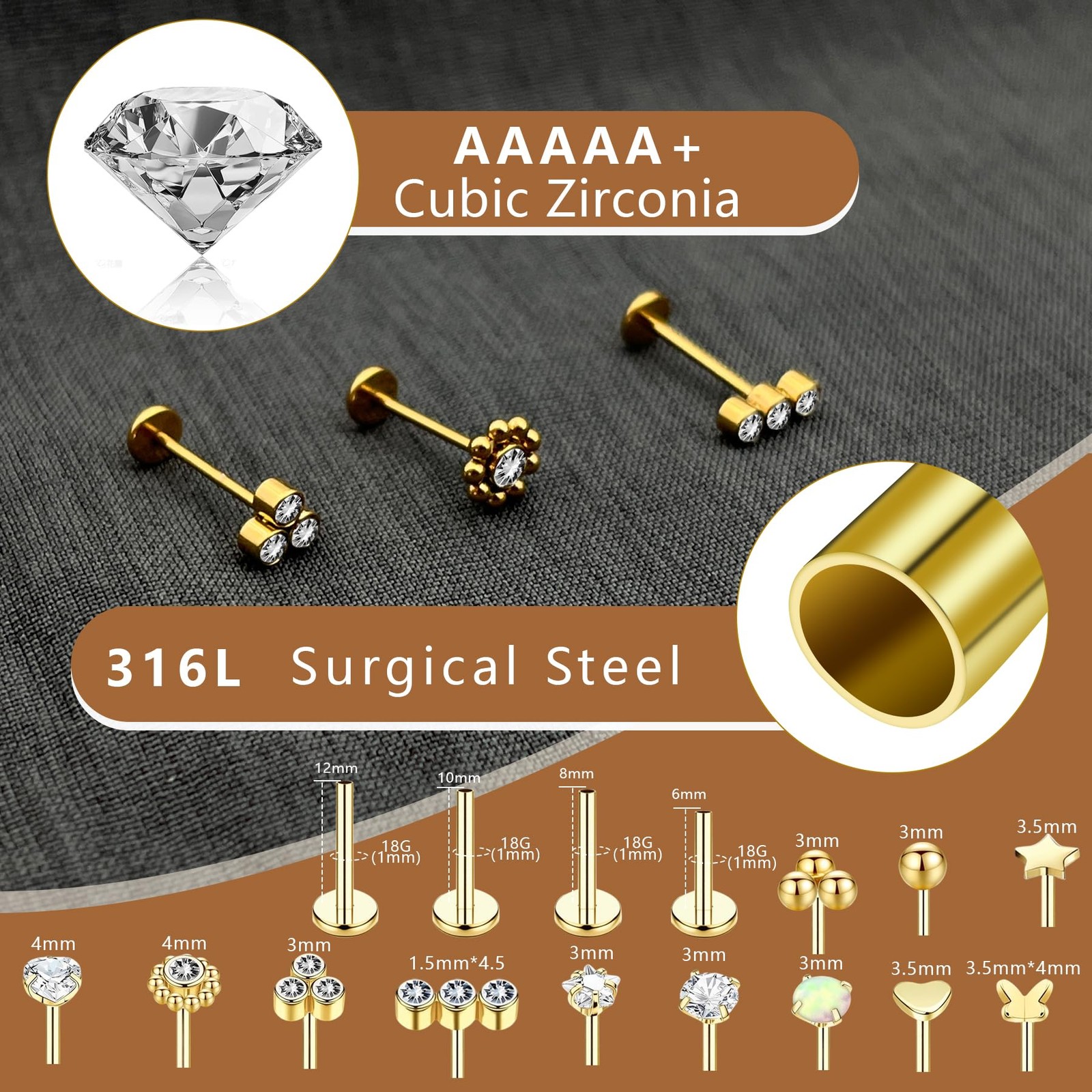 15Pcs 20G/18G/16G Flat Back Push in Stud Earrings 316L 16G(1.2mm), Golden