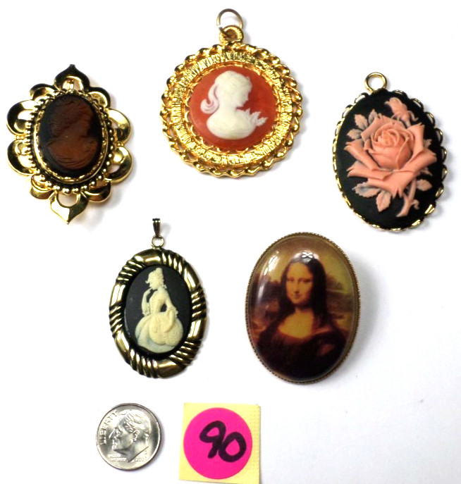 5 Different Colorful Glass, Acrylic &Resin Women Roses Cameos Large Pendants
