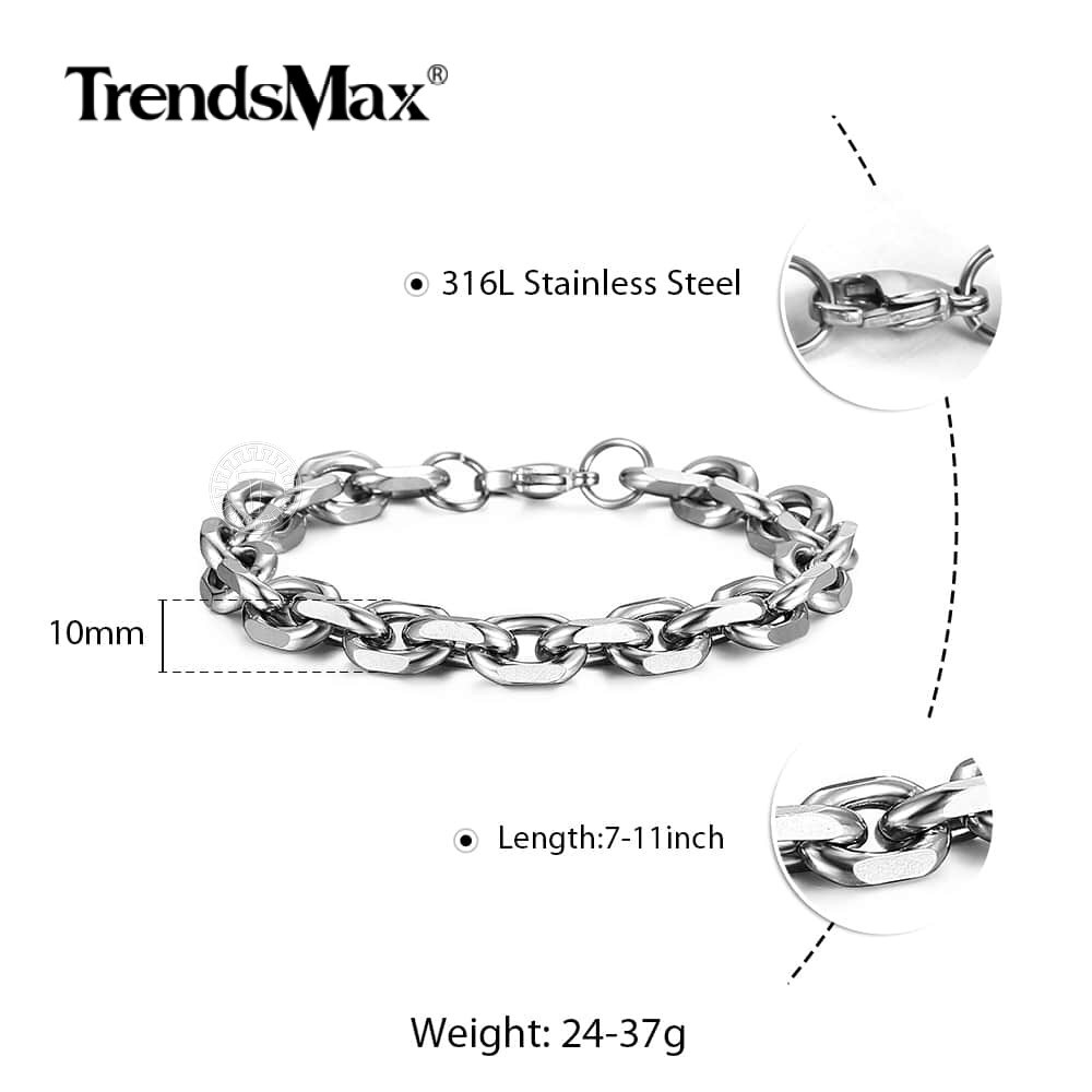 10mm Oval Round Cable Link Bracelet Mens Silver Tone Stainless Steel Chain Gift