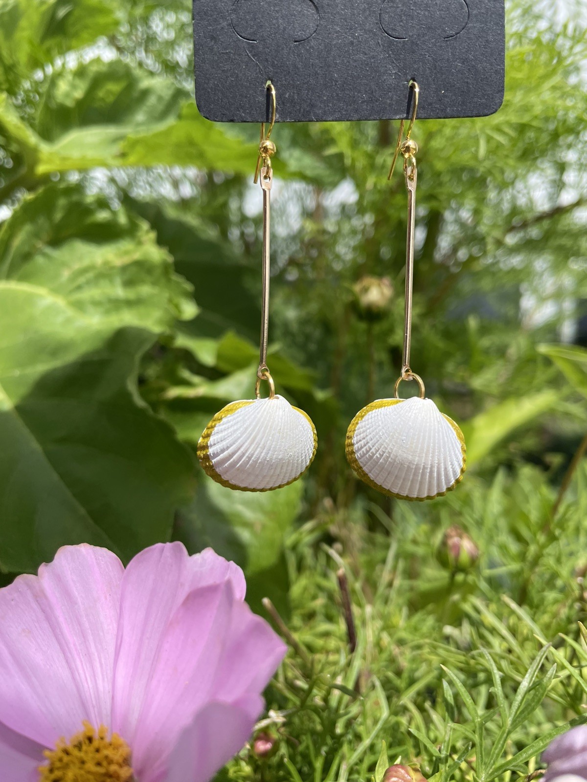 Handmade Gold Trim Coastal Beach Shell Drop Lined Dangle Jewellery Earrings Gift