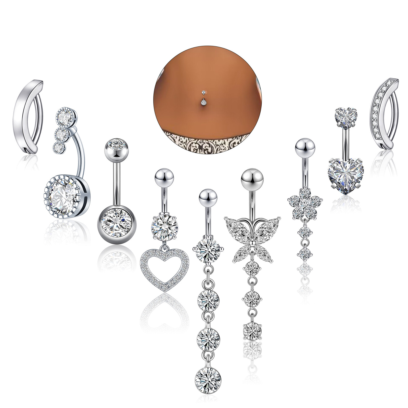 9pc 14G CZ Belly Button Ring Long Dangled Navel Bar Piercing Jewelry Silver Gold