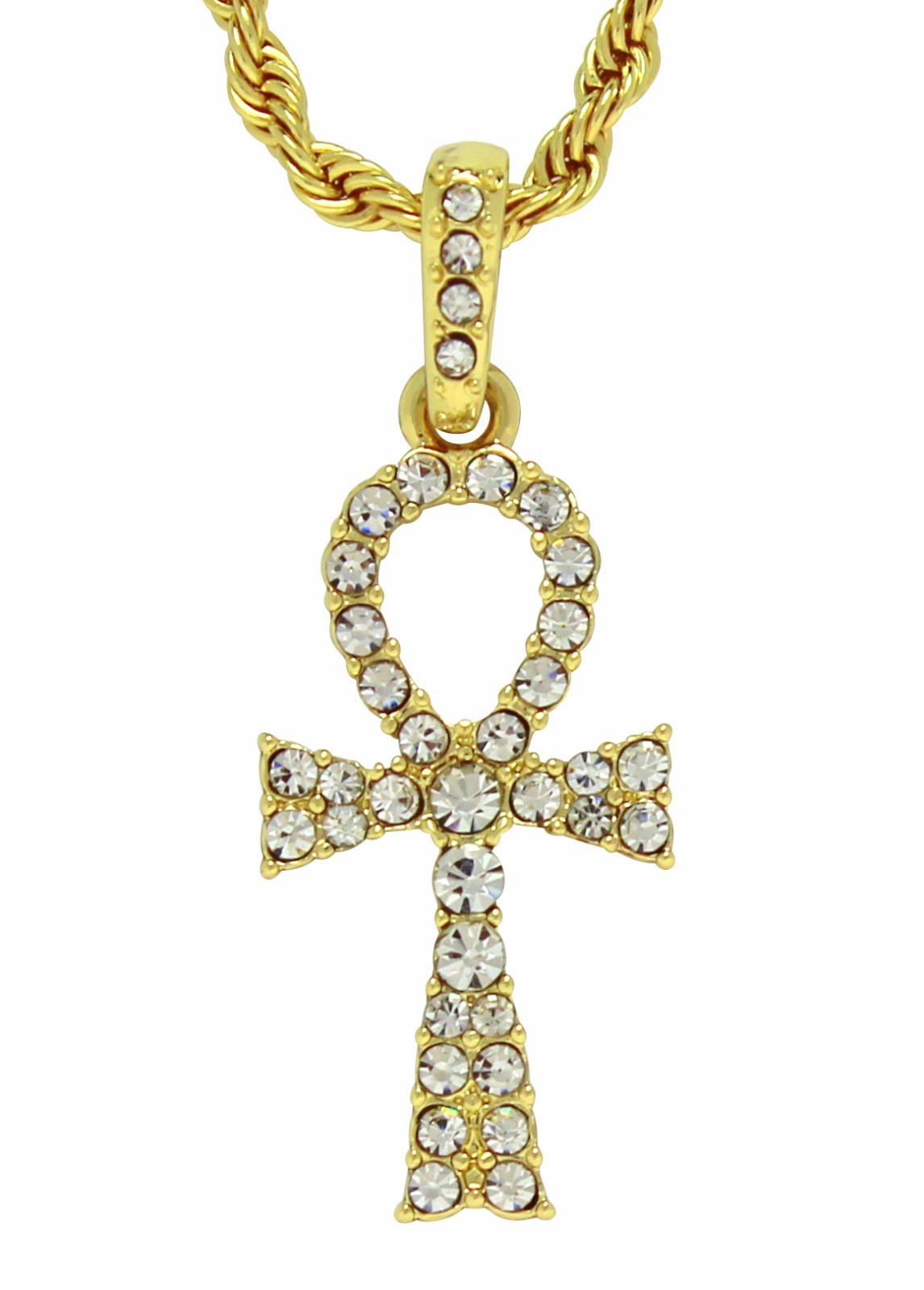 Ankh Pendant 14k Gold Plated iced Cz w/ 24″ Rope Chain Hip Hop Necklace