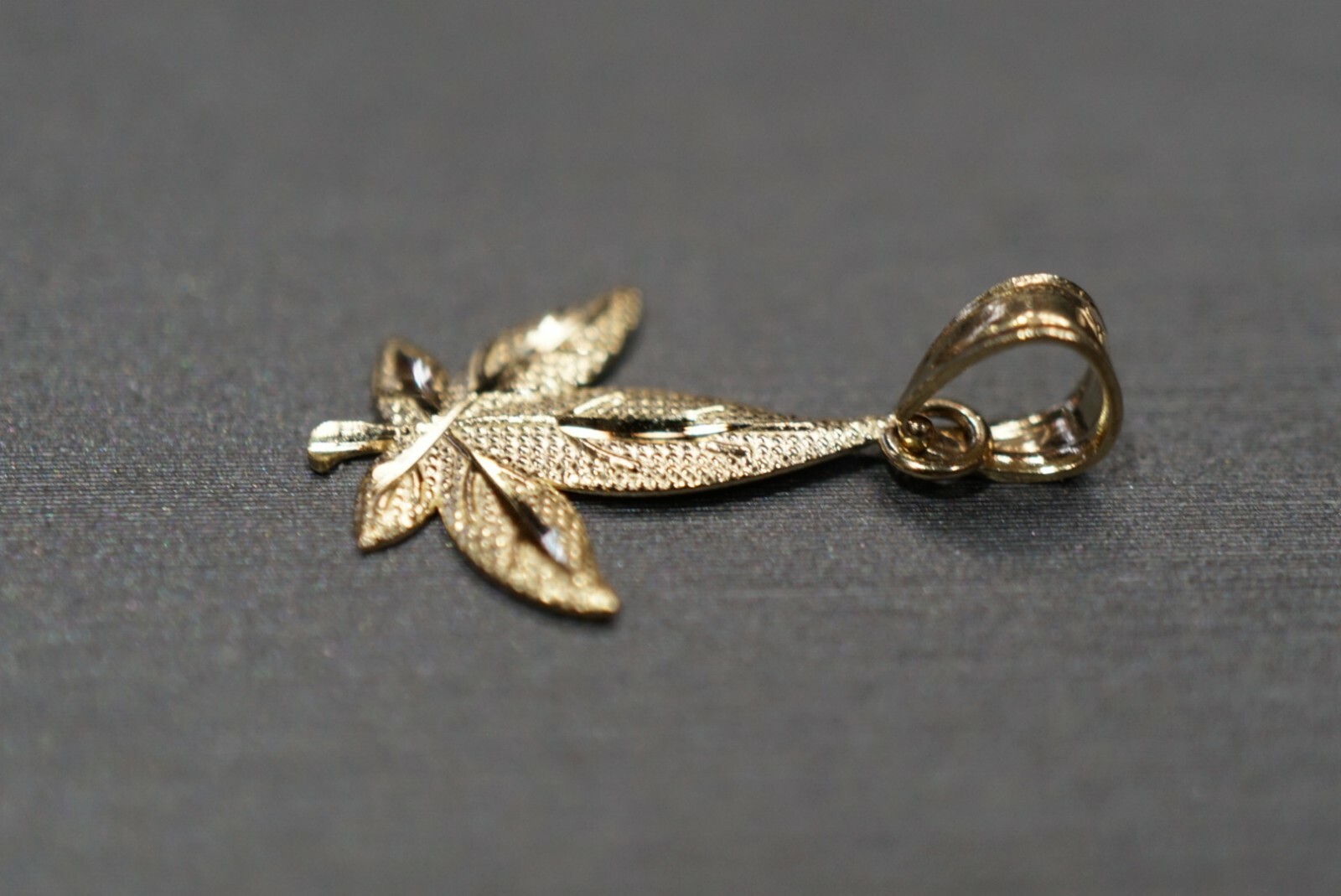 14K Solid Yellow Gold Tiny Diamond Cut 0.8″ Marijuana Leaf Charm Pendant.