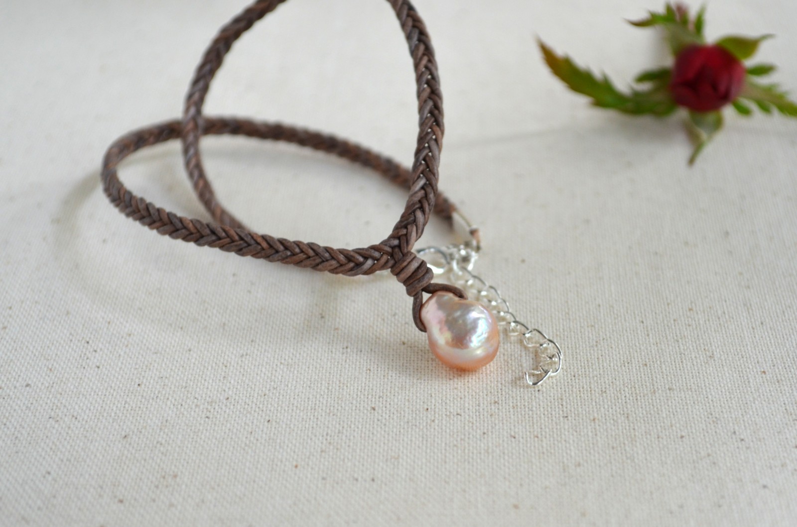Baroque Edison Pearl Necklace Pink 12x15mm Braided Leather Cord Organic Pendant