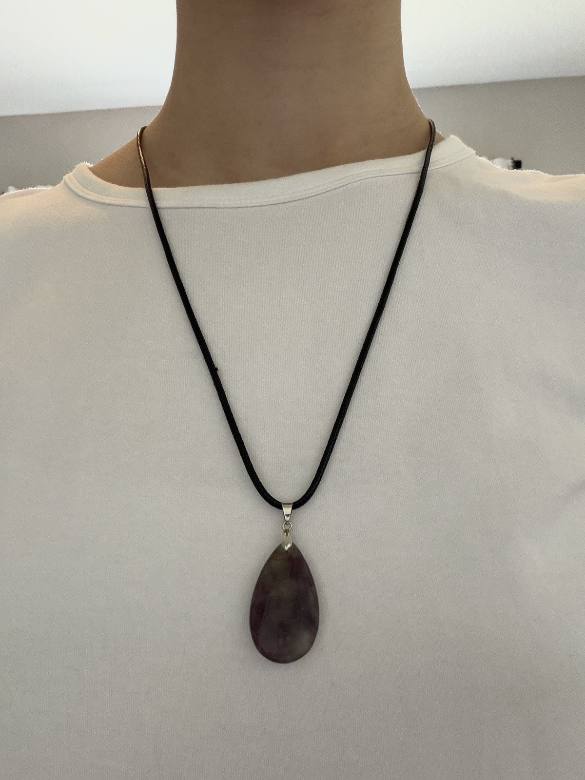 Teardrop Natural Stone Pendant Necklace On Black Cord