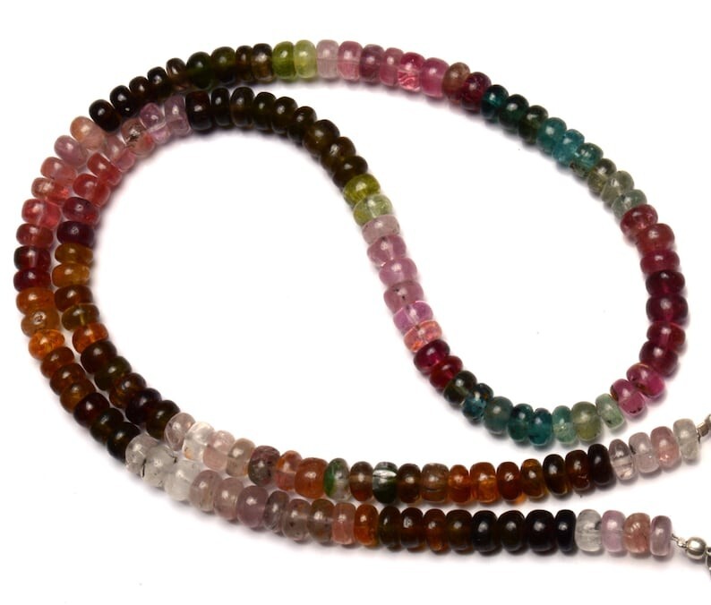 Natural Multi Color Tourmaline Smooth Rondelle Shape Gemstone Beads Necklace 18″