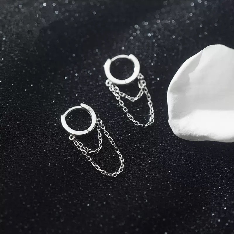 925 Silver Chain Huggie Hoop Earrings Dangle Double Chain Drop Earrings 087
