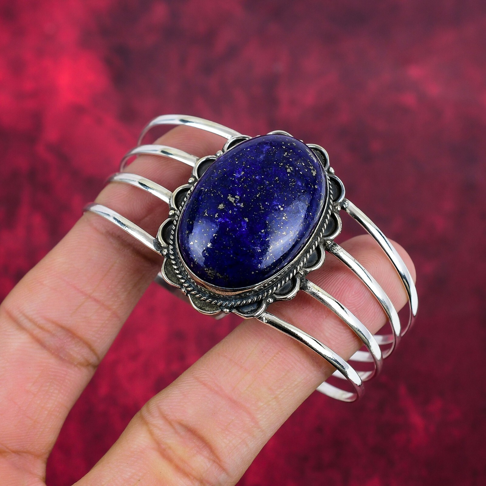 Lapis Lazuli Gemstone Handmade 925 Sterling Silver Adjustable Bangle Jewelry