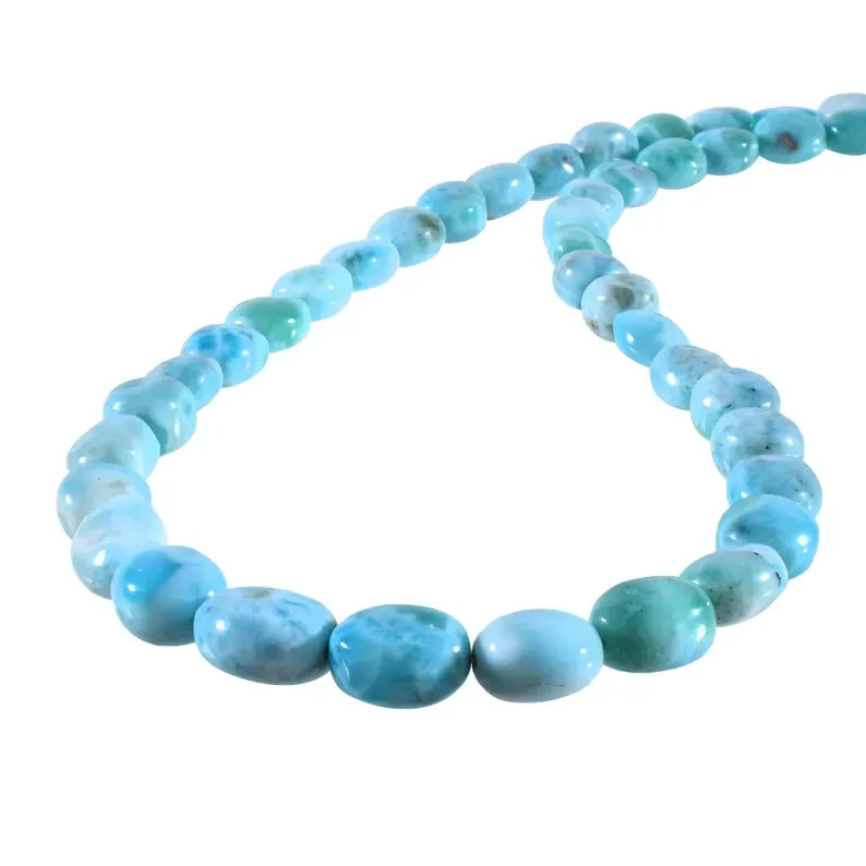 Natural Blue Larimar 4X6mm Beaded Necklace 925 Sterling Silver Handmade 18″ Gift