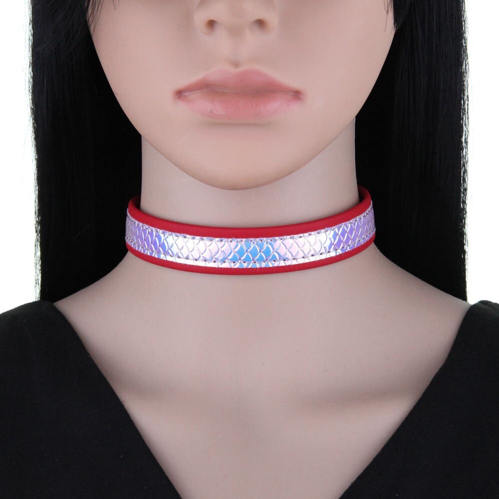 Double Color Splicing Sequined Fish Scale Leather Choker Collar Necklace Chain