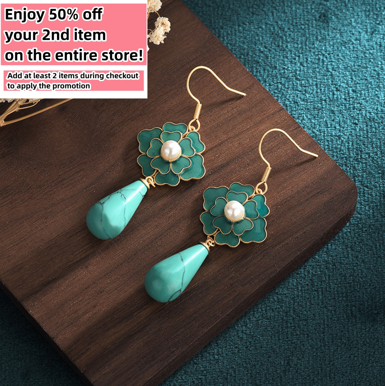 Turquoise Drop Dangle Earrings Cloisonne Boho Gemstone Flower 18K Gold Plated