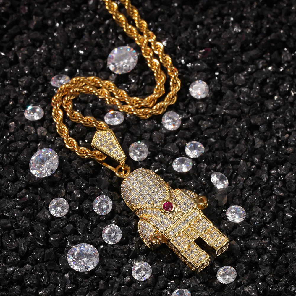 Mens Fully Zircon Lego Figure Pendant with Chain Iced Hip Hop Rapper Necklace