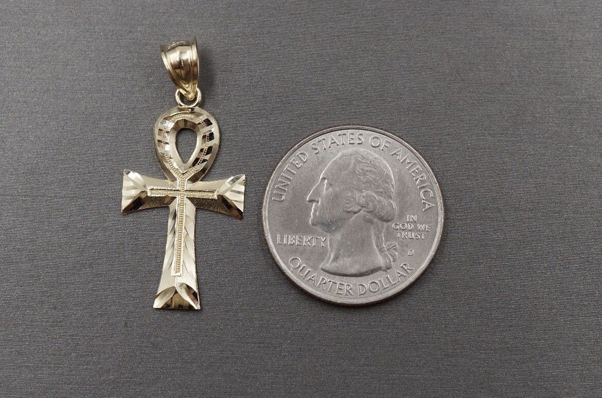 10K Solid Yellow Gold Men Women Diamond Cut Ankh Egyptian Cross Charm Pendant.