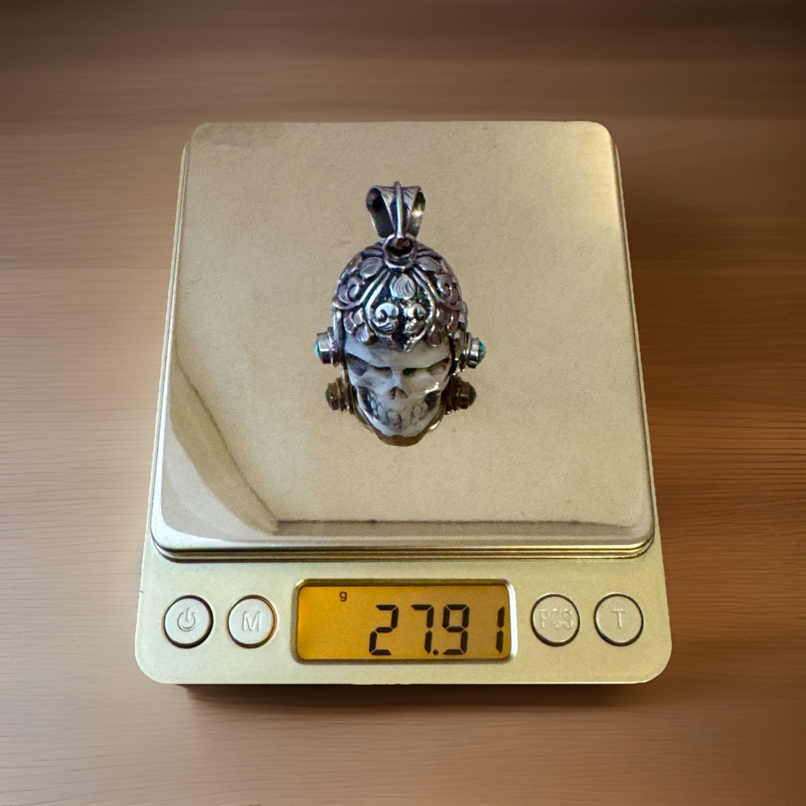 Handcrafted Bone Skull Pendant,Set in Tibetan Silver & Turquoise.2”inch & 27gram