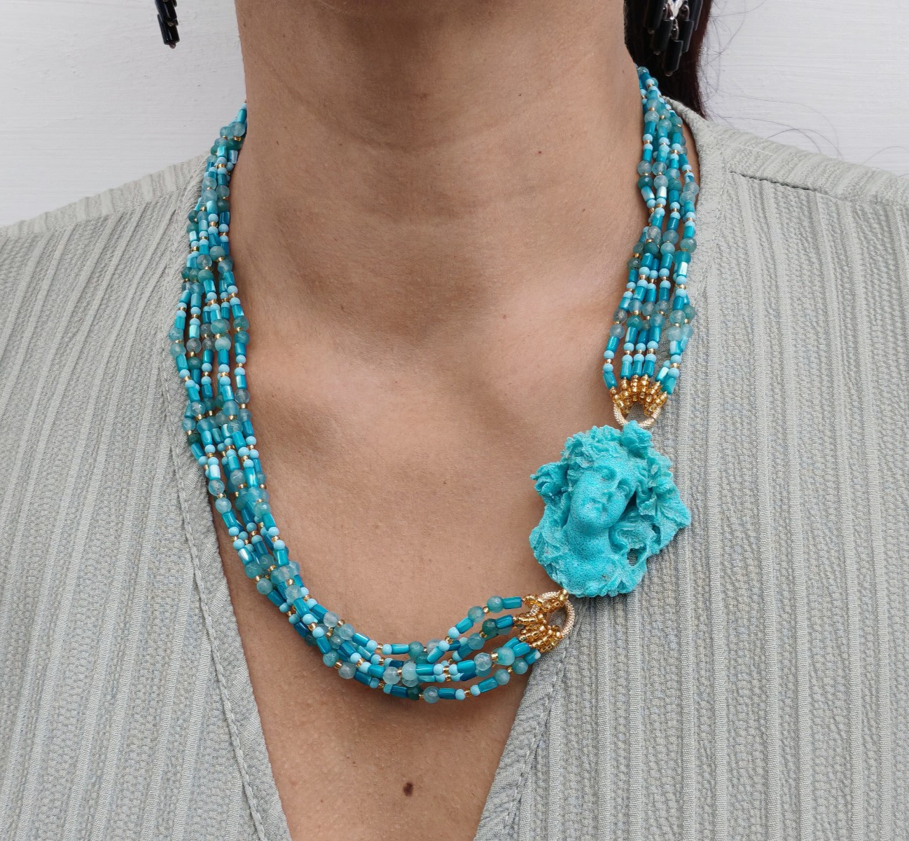 Women Turquoise Cameo Multifilament Elegant Mother of Pearl Necklace Made in Italy