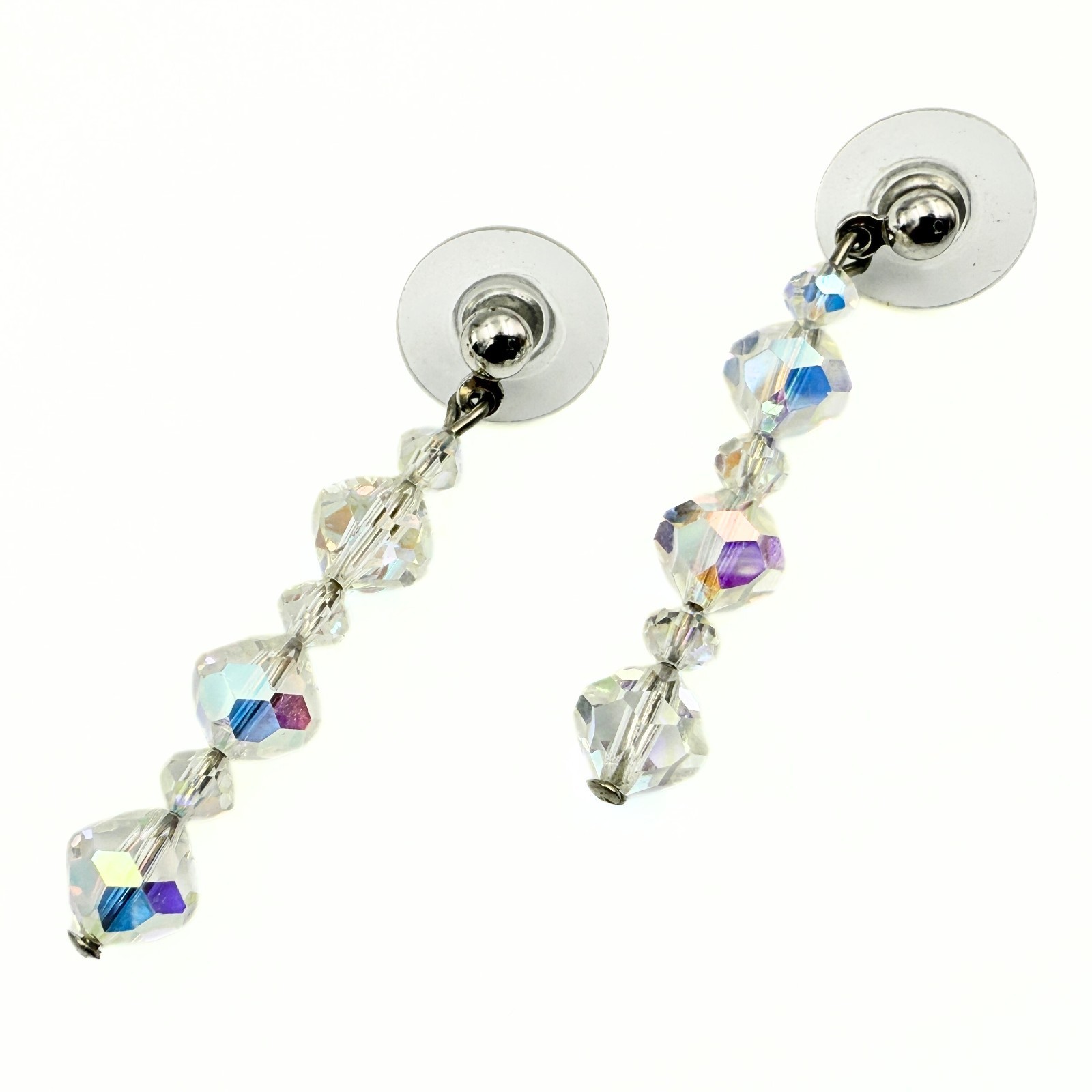 Vintage High End Aurora Borealis Crystal Long Dangle Post Earrings