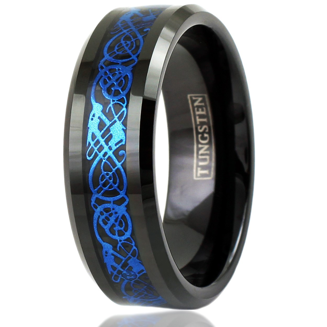 6/8mm Black Tungsten Ring Blue Celtic Dragon Blue Men’s Wedding Band Jewelry