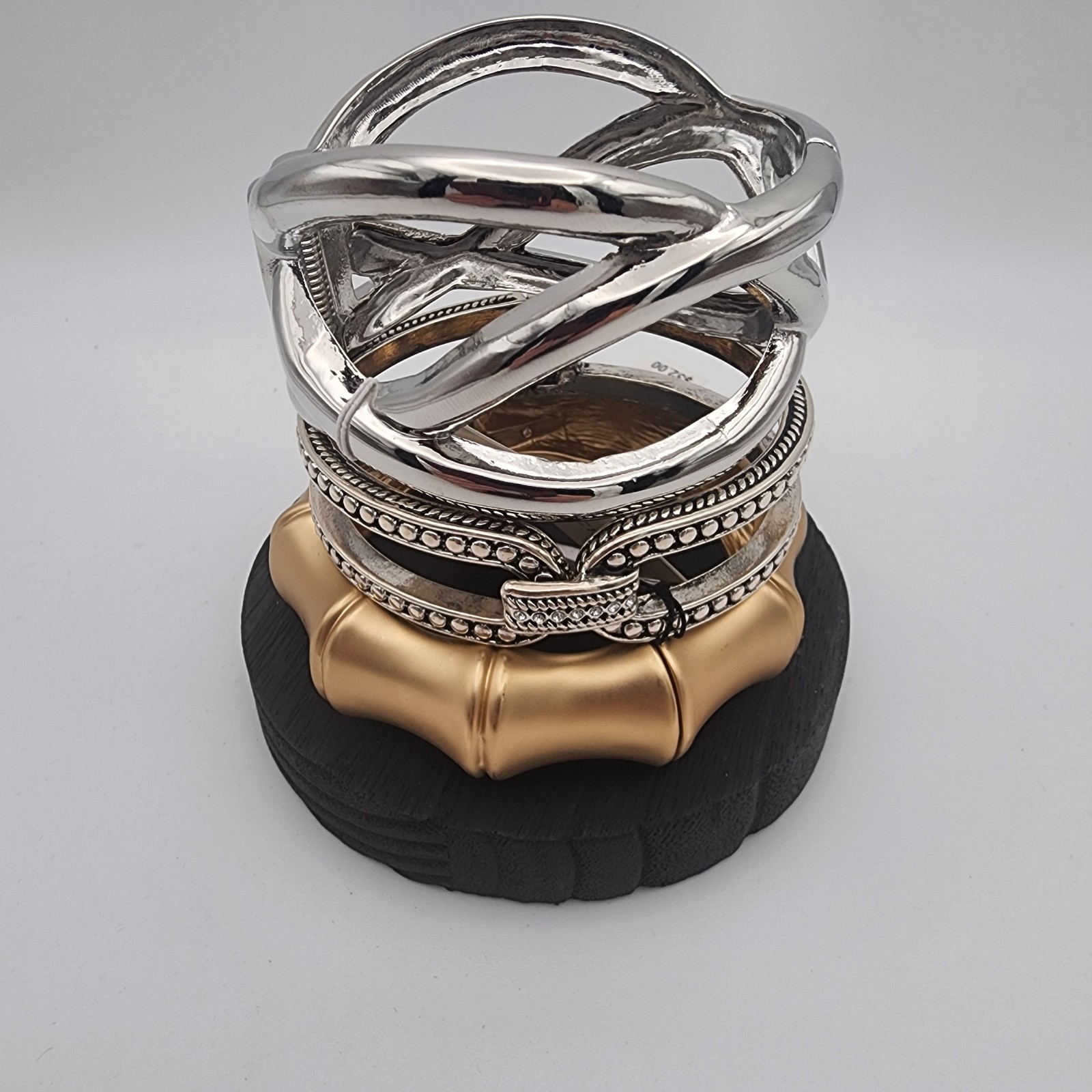 NWT Statement Hinged Cuff Bracelet Lot 3pc Silver & Gold Tone Bamboo Set