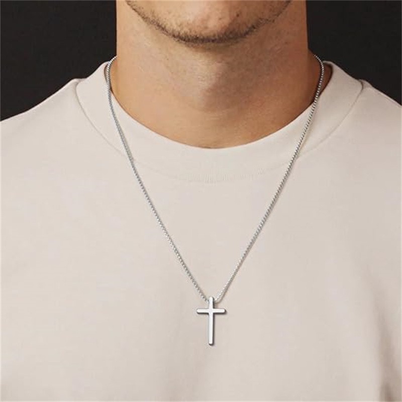 Cross Necklace for Men,Silver Stainless Steel Plain Cross Pendant Necklace