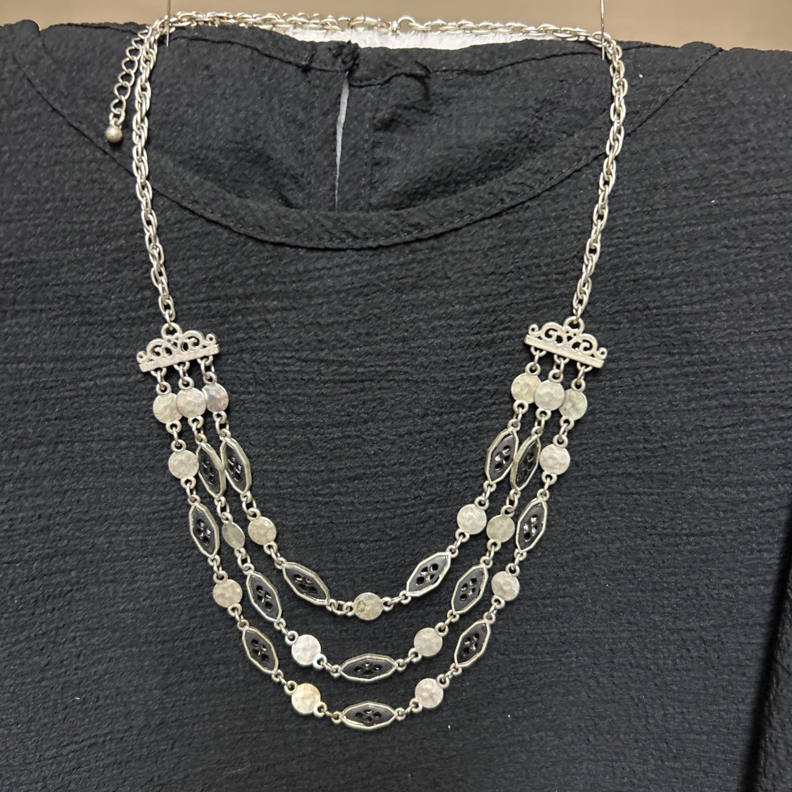Boho 3 Strand Silver Tone Coin Disc Link Layered Necklace with Extender Clasp