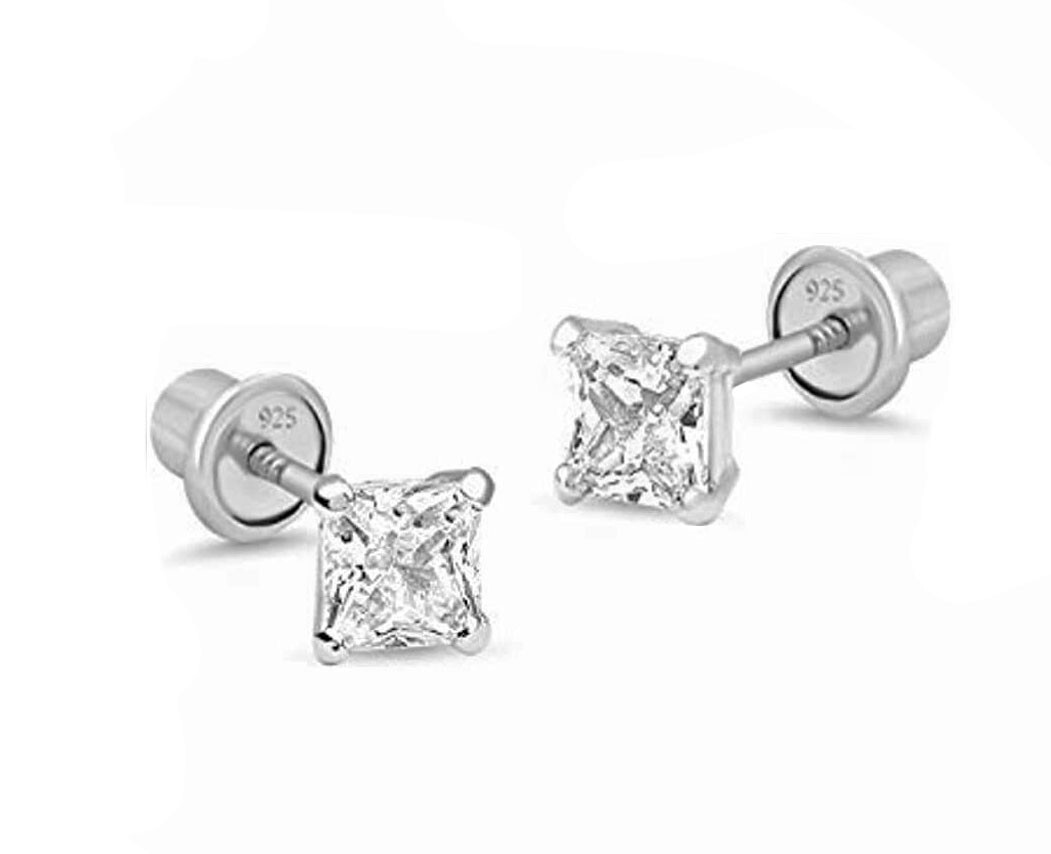 925 Sterling Silver Square 4x4mm Safe Screw Back Stud Earrings Kids, Toddlers