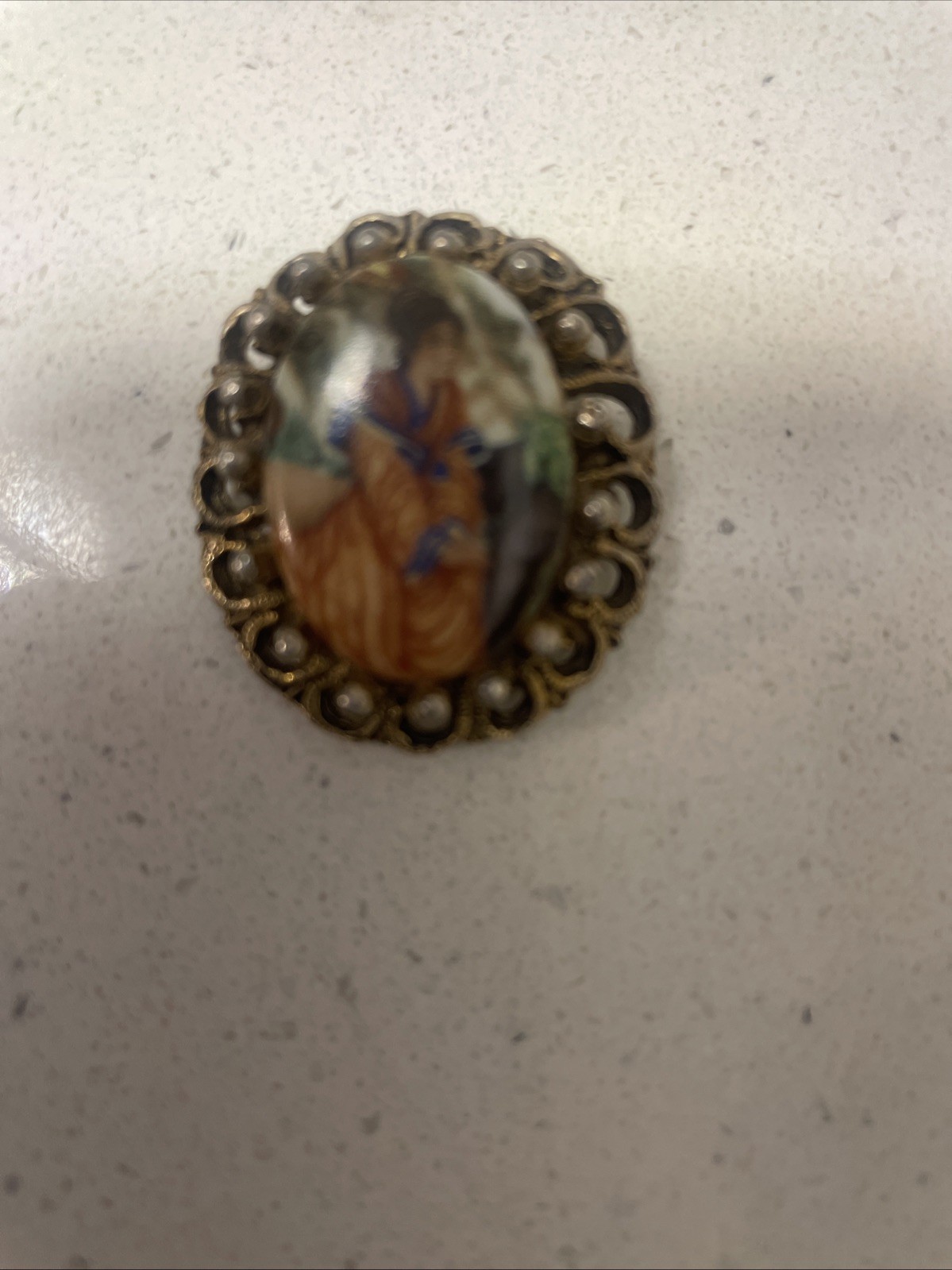 Vintage Oriental Scene Porcelain Brooch Gold Tone Asian Japanese