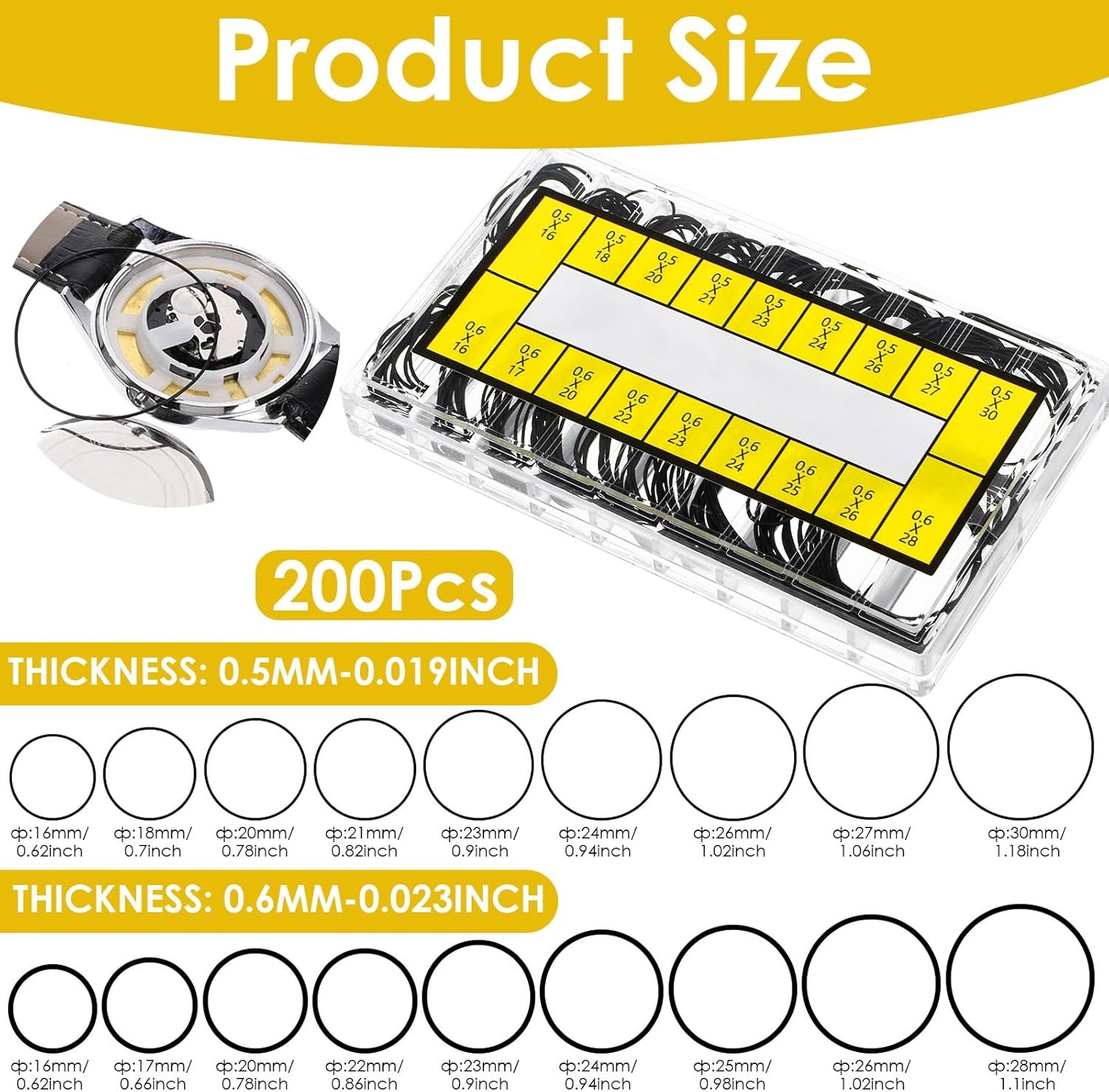 210pc Watch O-Ring Gasket Set Rubber Seal Washer 16-30mm Repair Kit 0.5/0.6mm